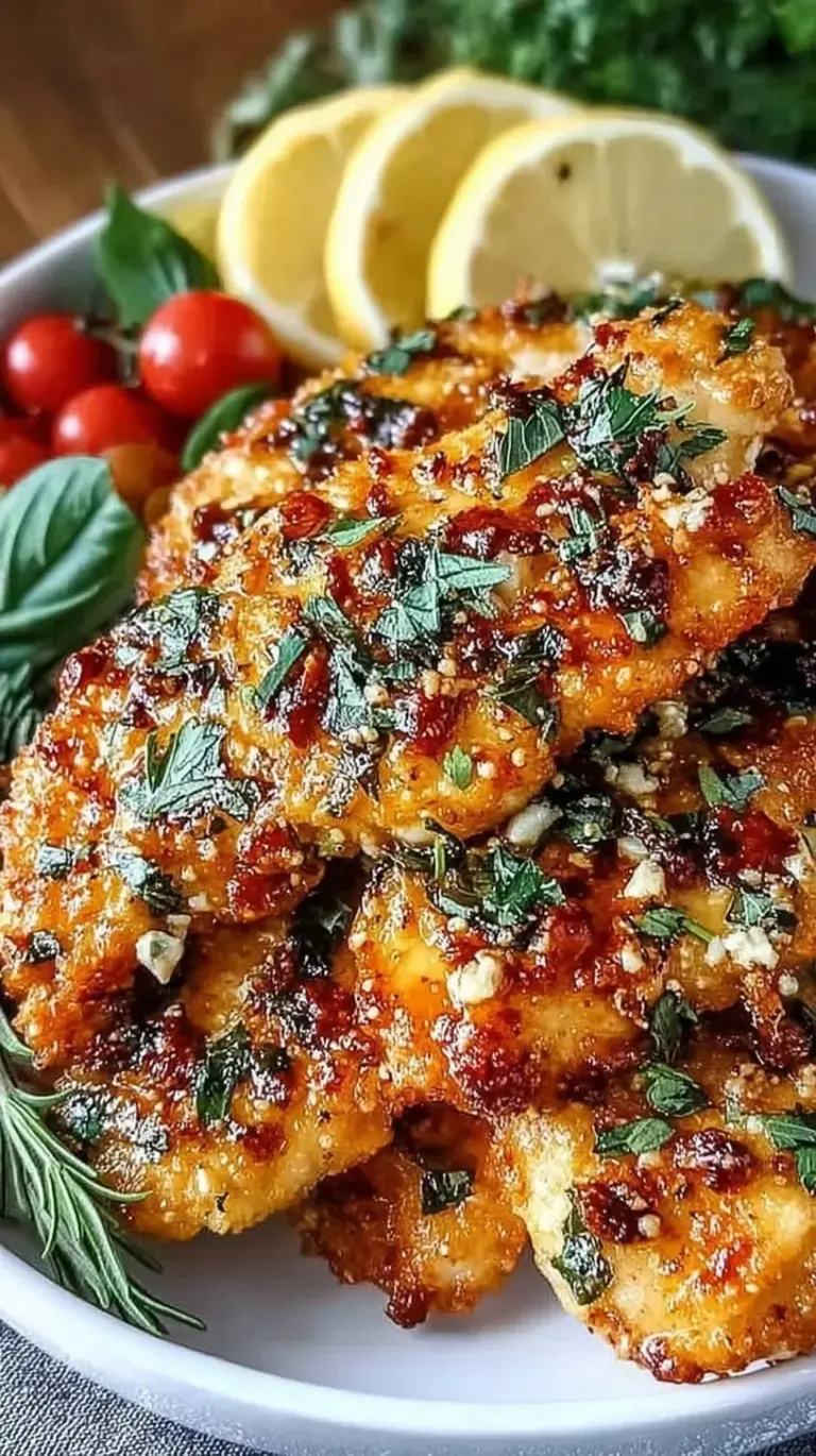 Golden pan-seared Mediterranean chicken tenders on a white plate with lemon wedges and fresh herbs.