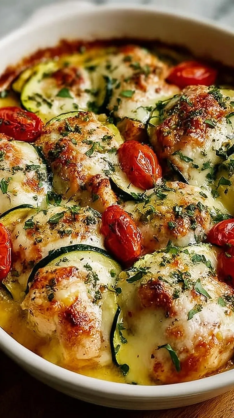 A colorful tray of roasted chicken cubes, zucchini slices, cherry tomatoes, and red peppers garnished with feta and parsley.