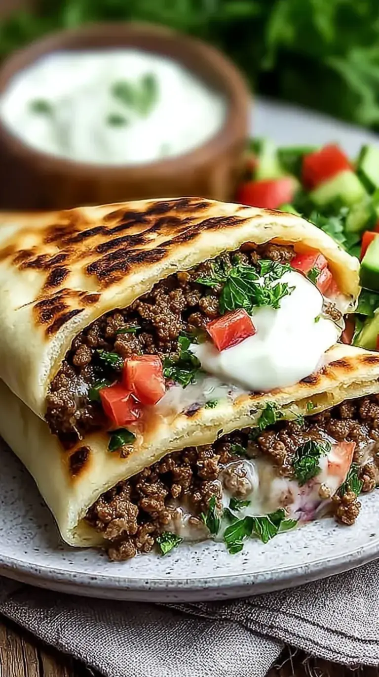 Mediterranean Ground Beef Pita pockets stuffed with seasoned meat, fresh vegetables, and creamy tzatziki sauce on a wooden board.
