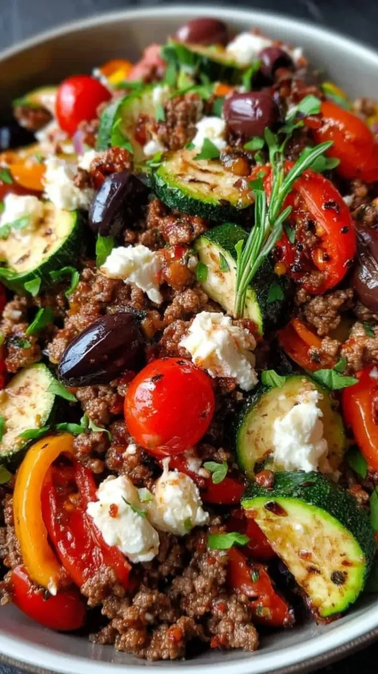 A colorful Mediterranean ground beef stir fry in a skillet with zucchini, tomatoes, and crumbled feta cheese.