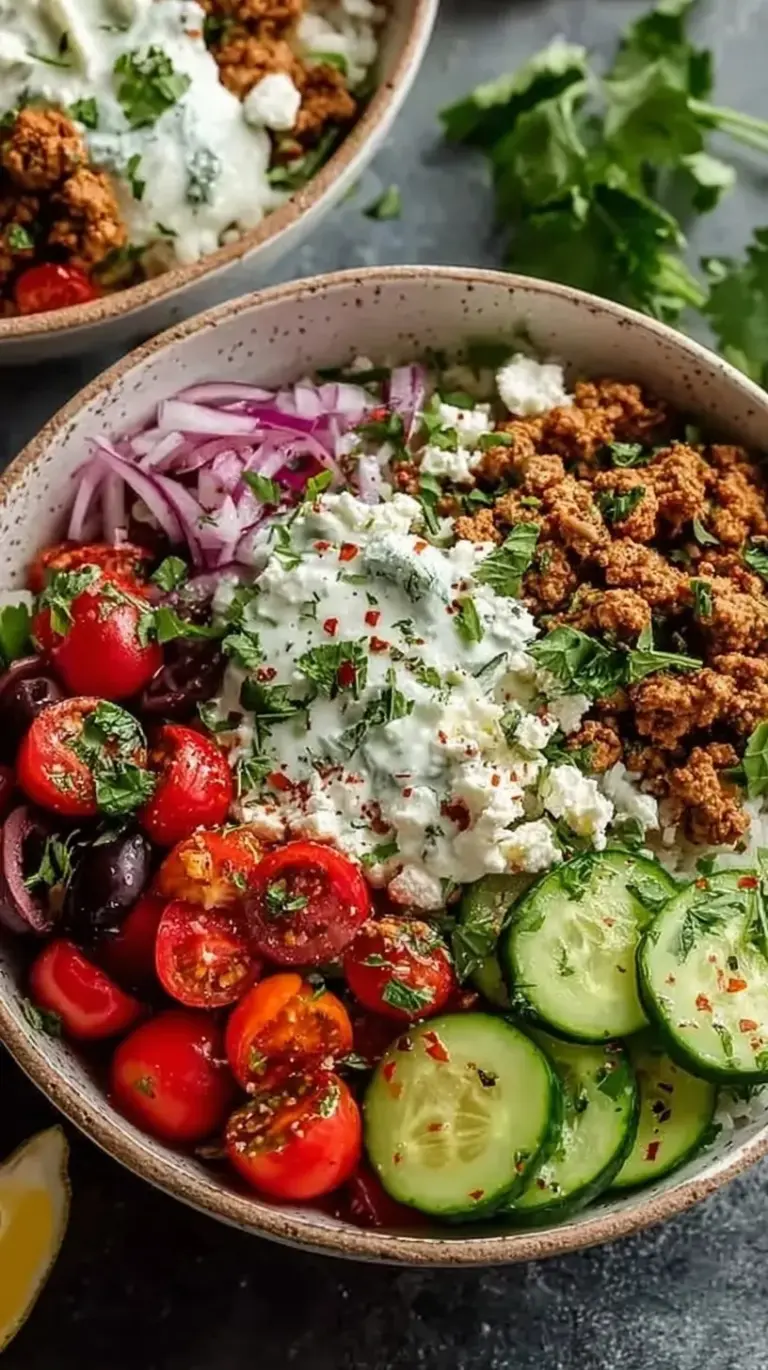 A colorful Mediterranean ground turkey bowl with quinoa, tomatoes, cucumbers, and tzatziki sauce.
