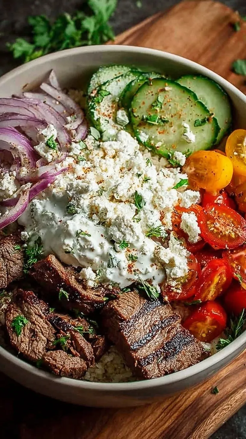 Colorful Mediterranean Gyro Bowls with seasoned ground lamb, cherry tomatoes, cucumber, olives, and feta over lemon rice.