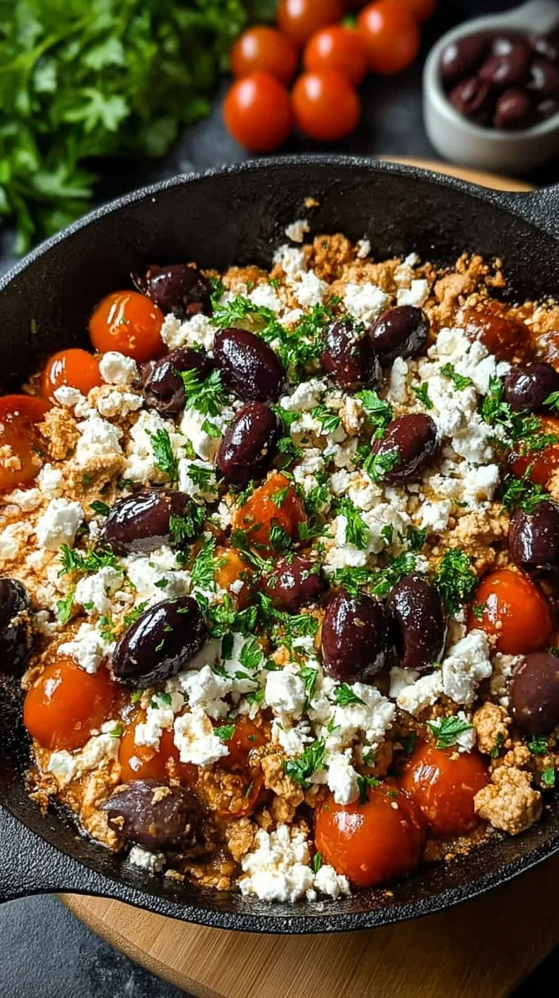 A colorful skillet filled with ground chicken, zucchini, red peppers, olives, and crumbled feta cheese.