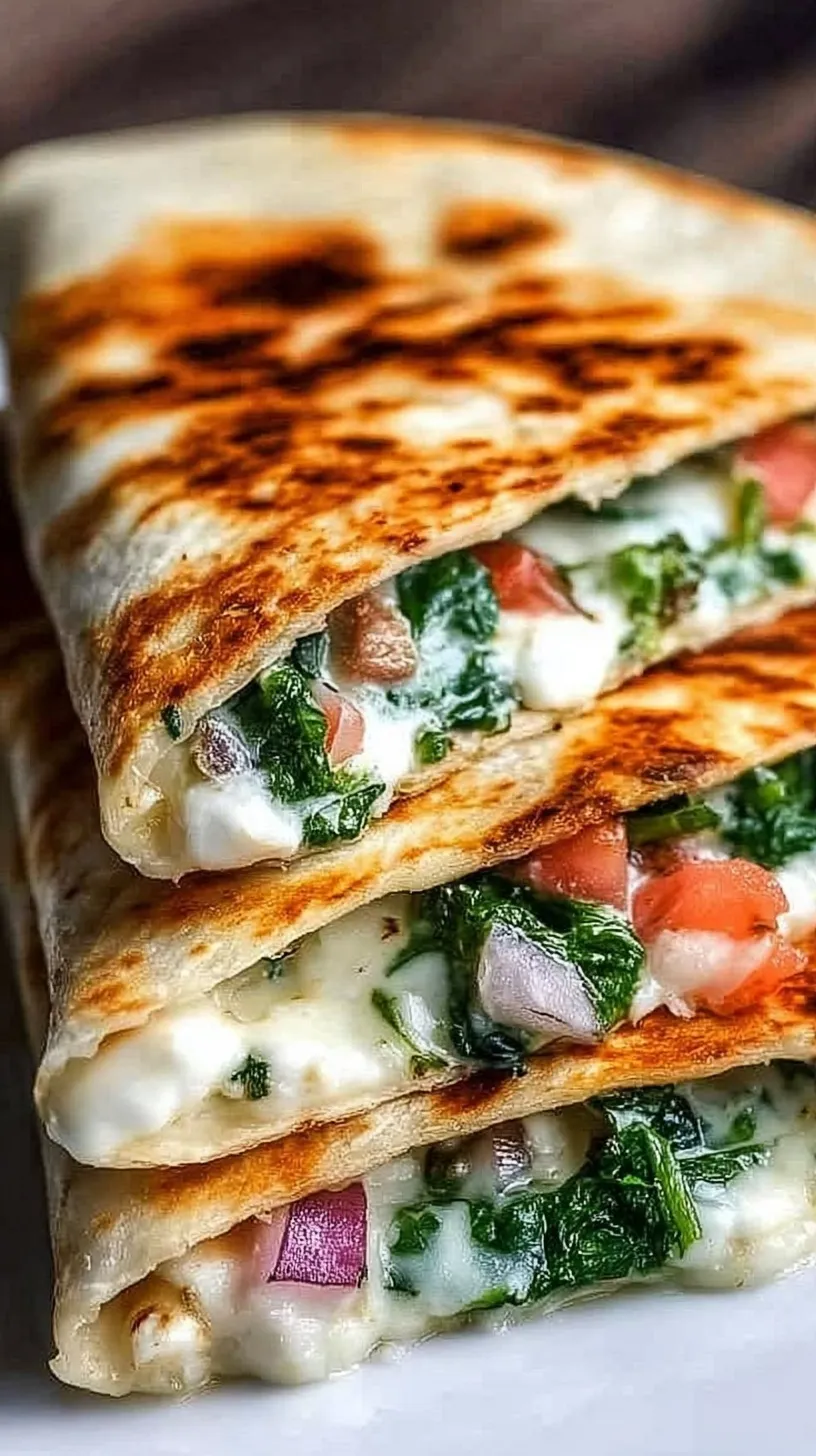 A golden brown Mediterranean Quesadilla sliced into wedges showing melted cheese and green spinach.