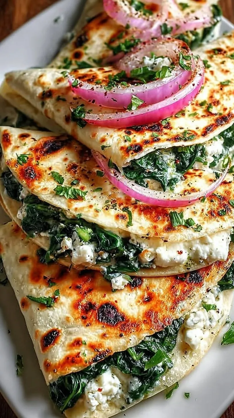 Golden brown Mediterranean Spinach Feta Quesadillas sliced into wedges with visible spinach and feta filling.