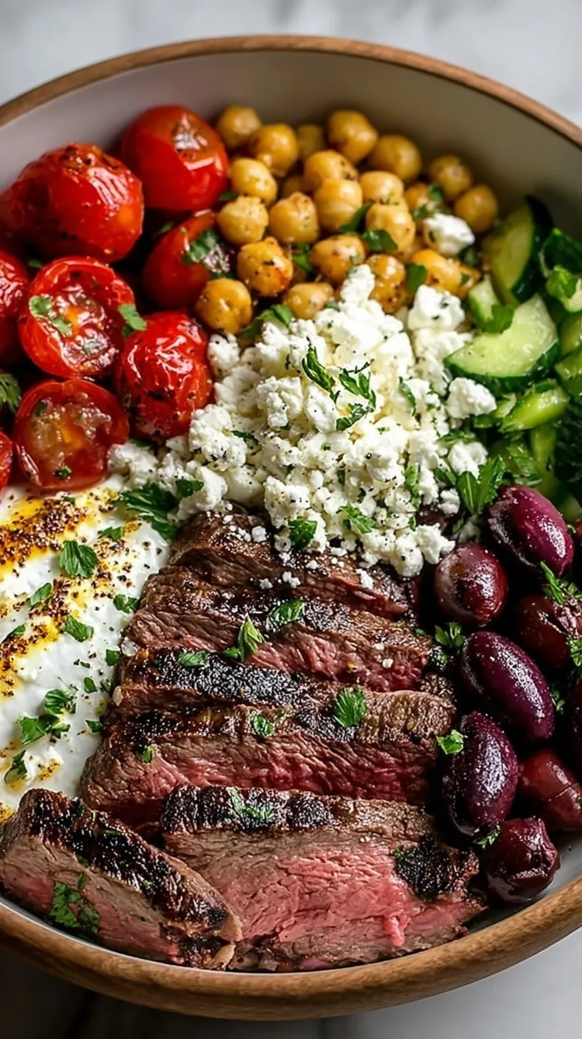 A colorful Mediterranean Steak Bowl with sliced flank steak, quinoa, cherry tomatoes, and feta cheese.