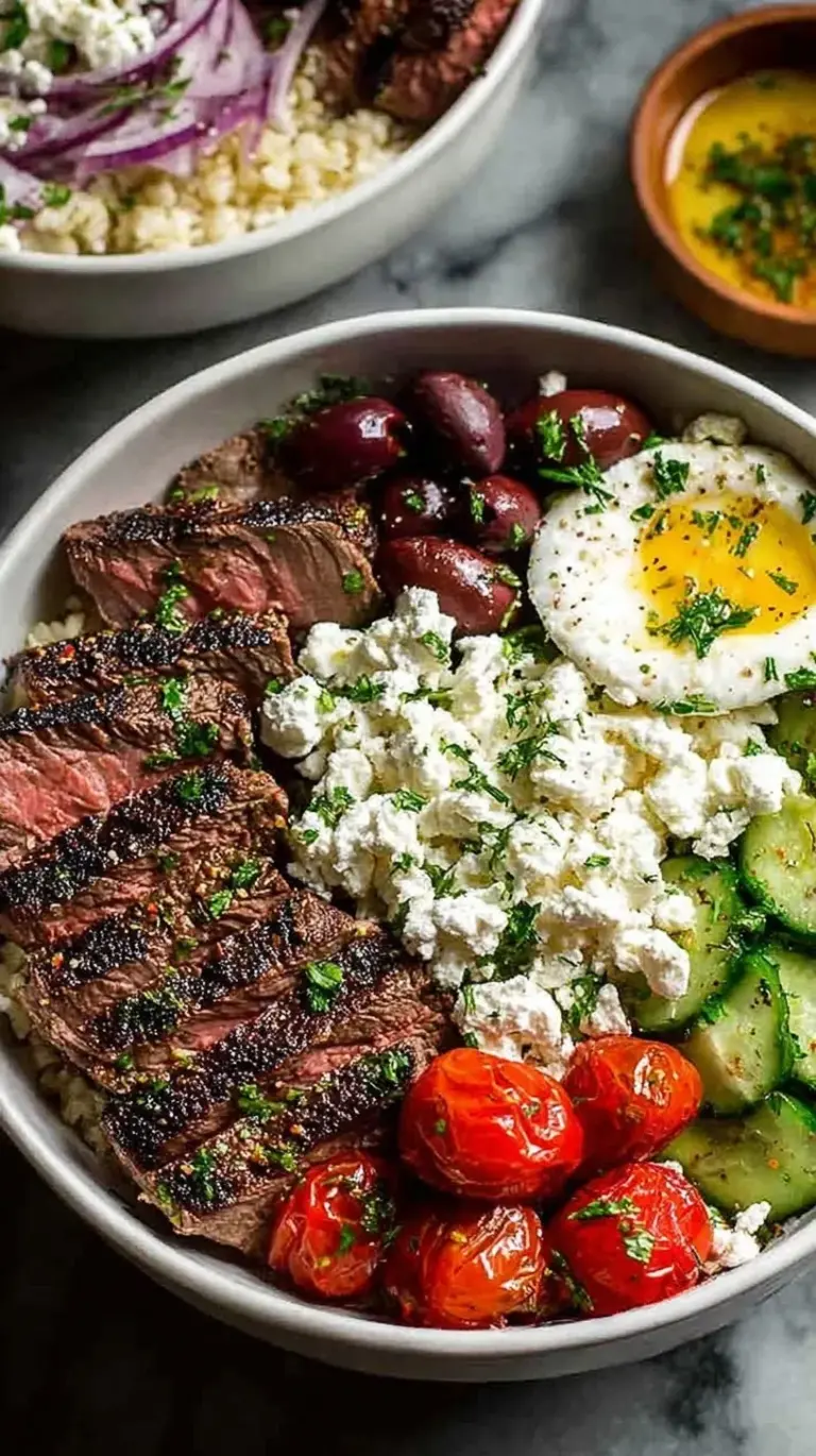 A colorful Mediterranean Steak Bowl with grilled sirloin, quinoa, cherry tomatoes, and creamy tzatziki sauce