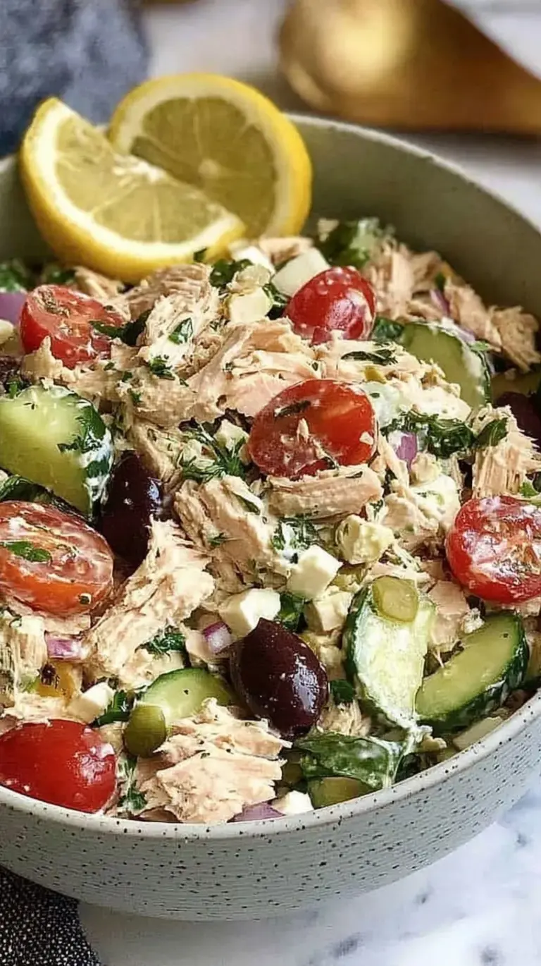 A bowl of colorful Mediterranean tuna salad with tomatoes, cucumbers, and olives in a lemon vinaigrette.