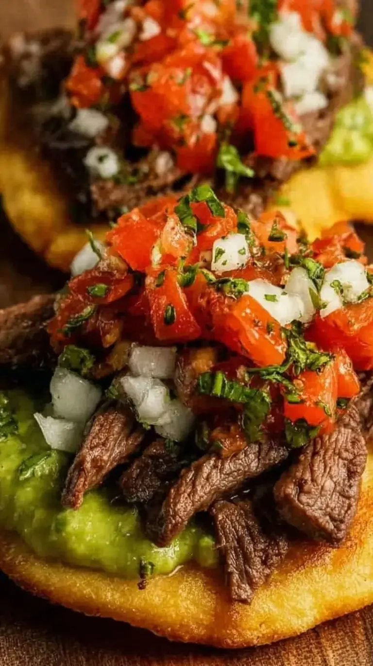 Crispy corn tostadas topped with grilled steak, avocado, and cotija cheese