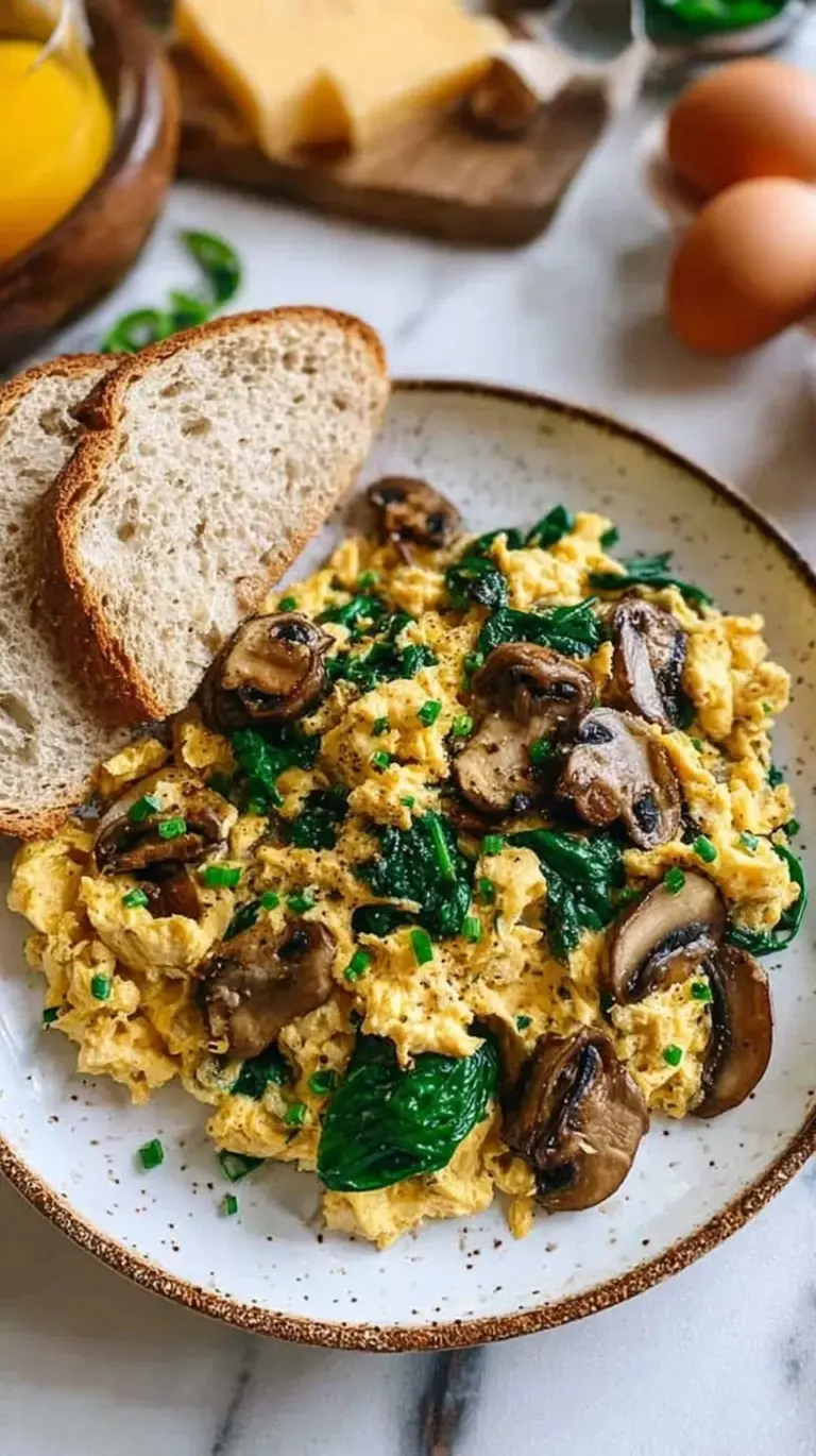 A close up of soft scrambled eggs with sautéed mushrooms and wilted spinach in a skillet.