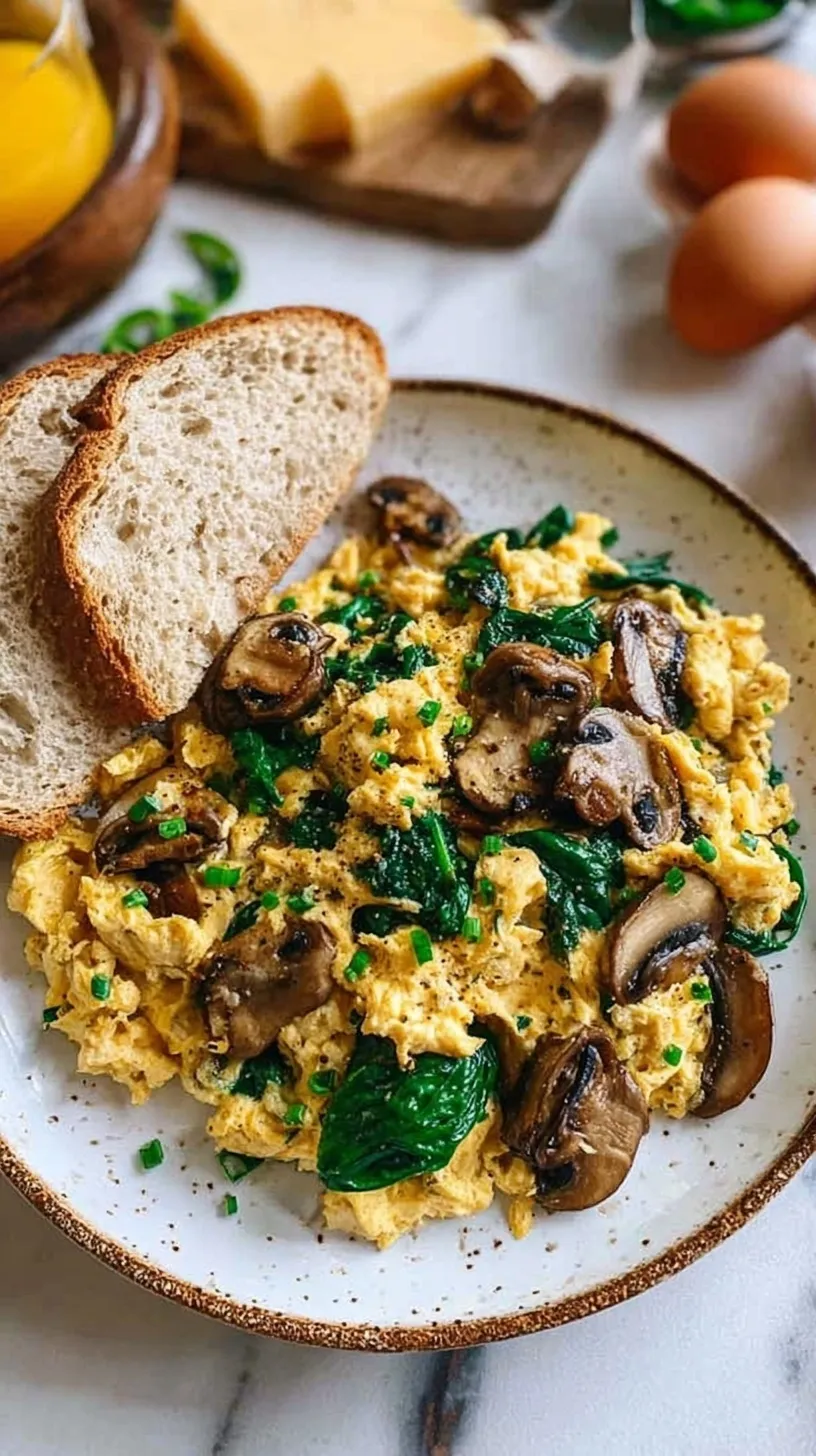A close up of soft scrambled eggs with sautéed mushrooms and wilted spinach in a skillet.
