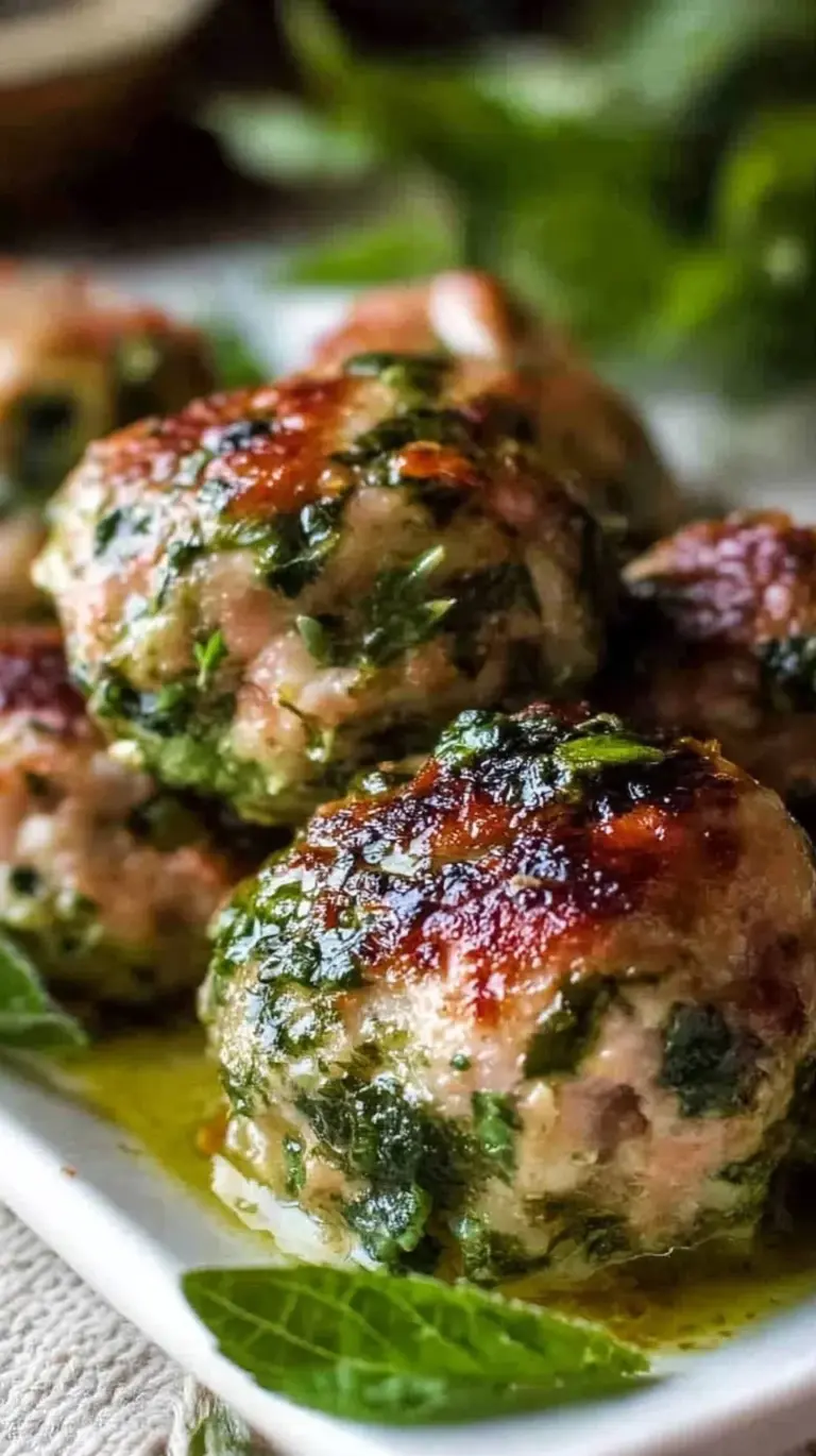 Golden brown pesto turkey meatballs on a baking sheet with fresh basil garnish