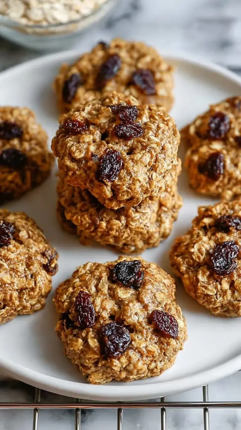 A stack of soft oatmeal raisin protein cookies on a parchment-lined baking sheet