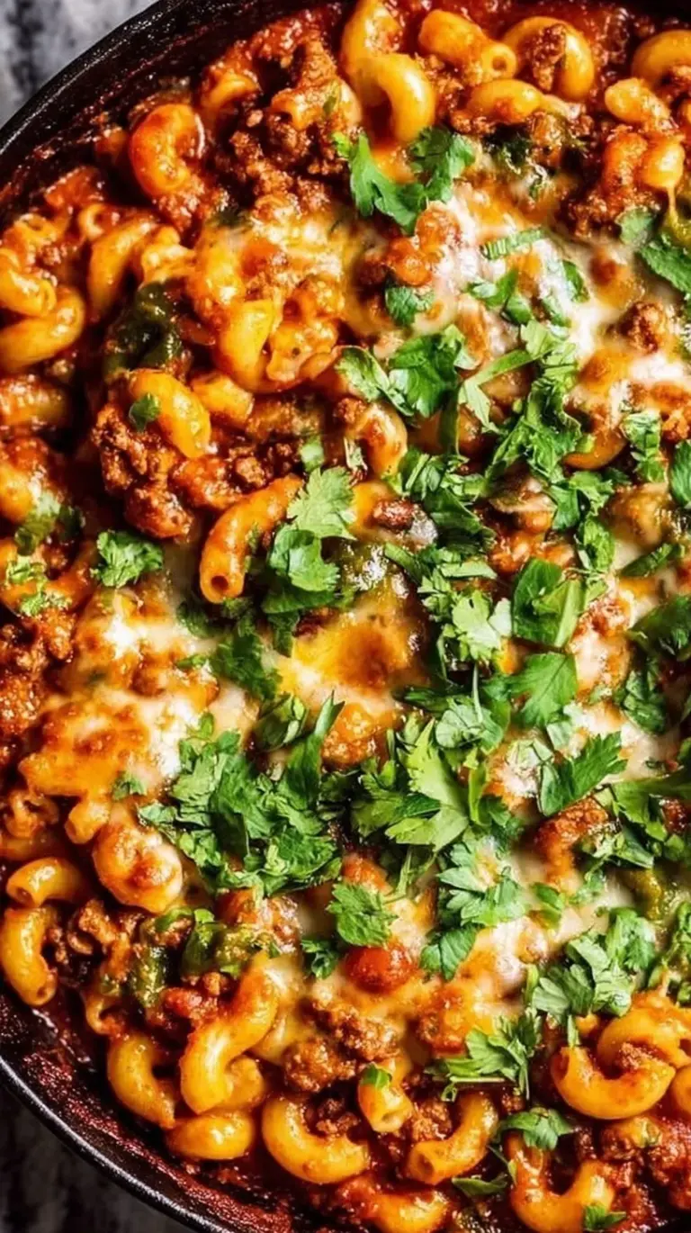 A steaming pan of creamy chili mac with melted cheese and black beans.