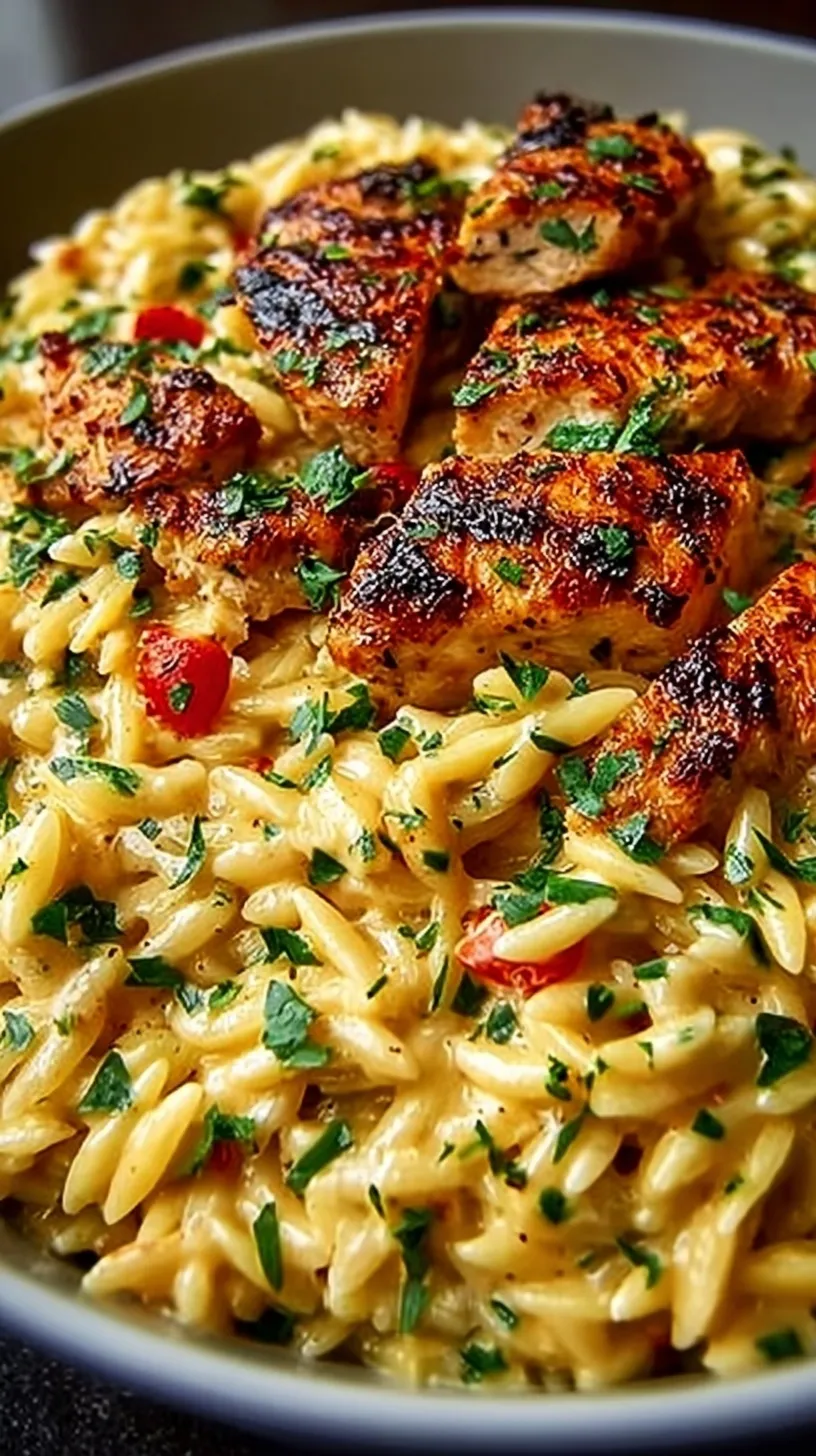 A skillet filled with creamy Cajun Chicken Alfredo Orzo topped with fresh parsley