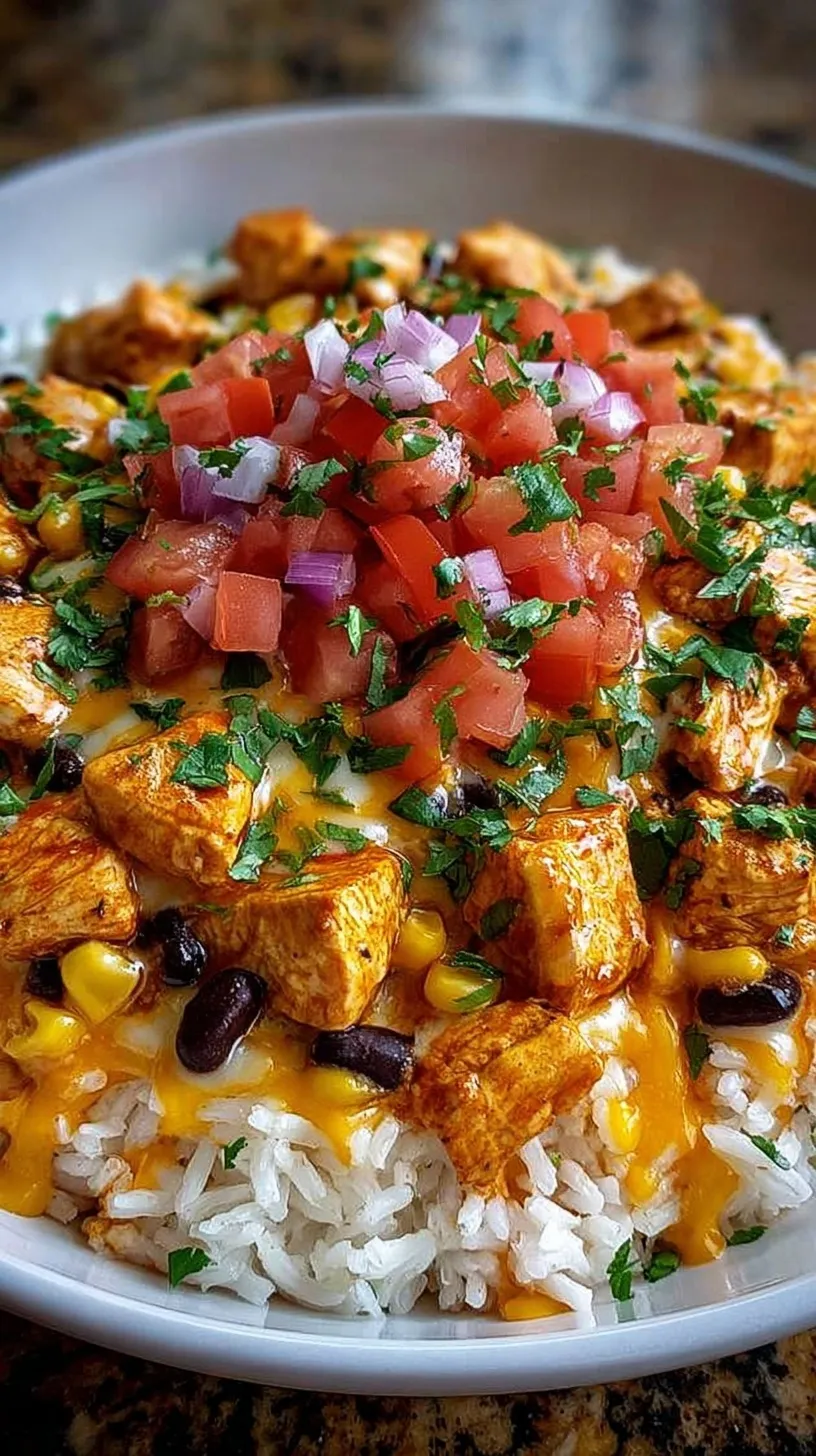 A large skillet filled with cheesy Southwest chicken and rice, garnished with fresh cilantro and lime.