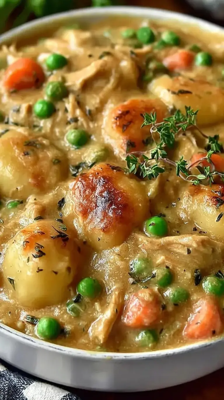 A steaming dutch oven filled with creamy gnocchi chicken pot pie, featuring orange carrots and green peas.