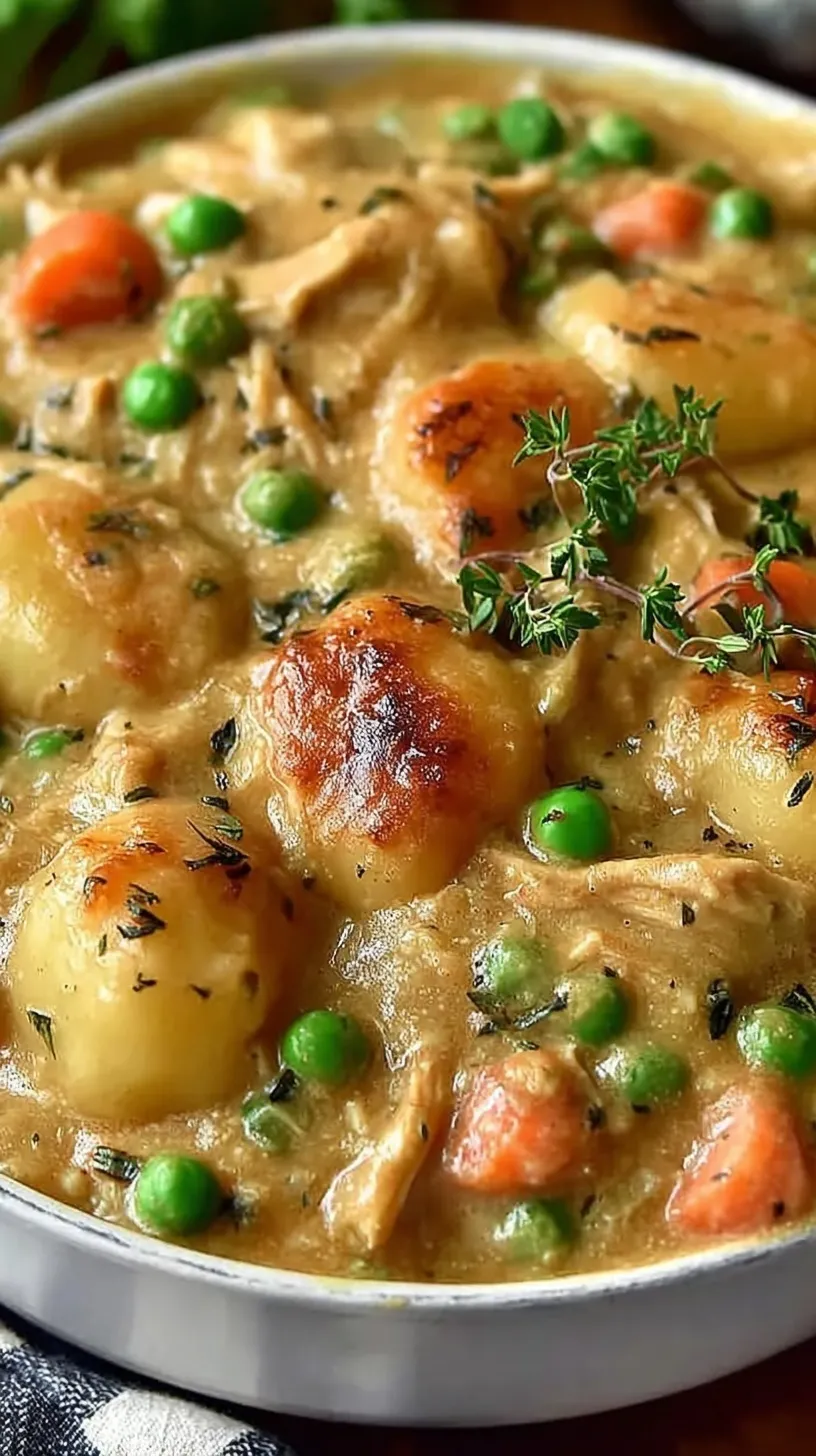 A steaming dutch oven filled with creamy gnocchi chicken pot pie, featuring orange carrots and green peas.