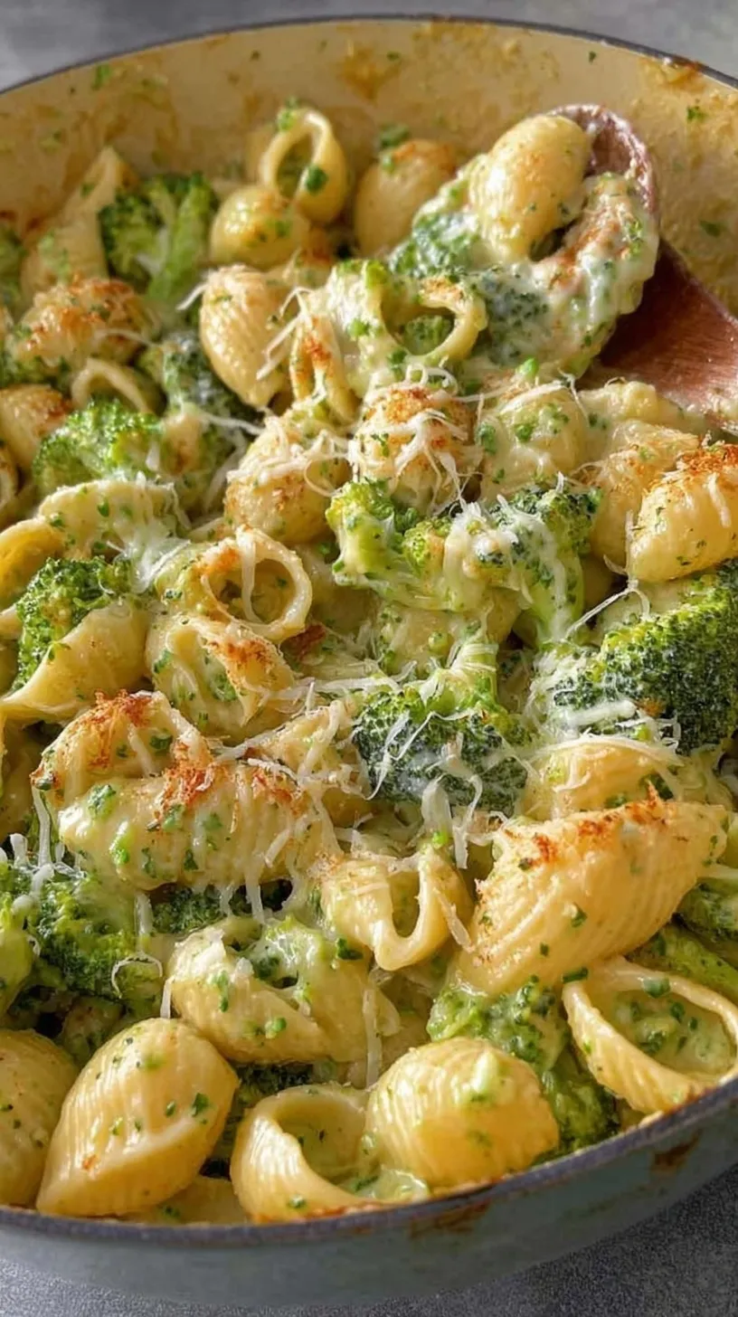 A steaming pot of creamy whole wheat macaroni with bright green broccoli florets and melted cheddar cheese.