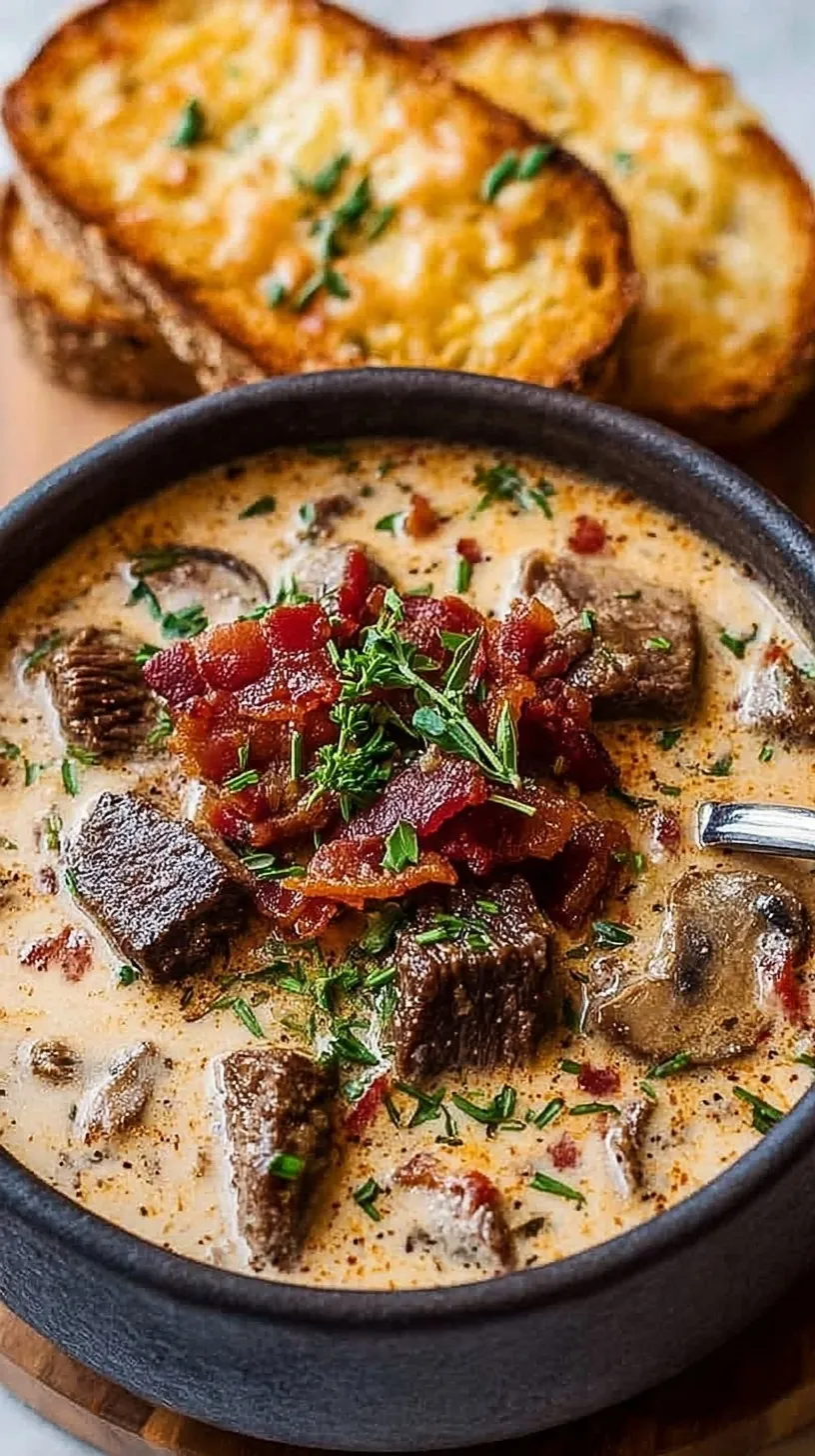 A bowl of creamy Philly cheesesteak soup topped with a golden provolone toast round and crispy bacon bits.