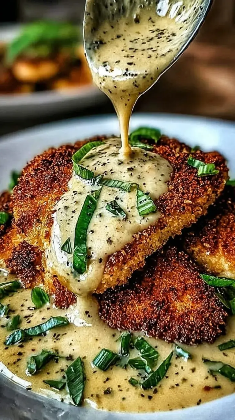 Crispy golden Parmesan crusted chicken cutlets drizzled with a creamy white garlic sauce and fresh parsley
