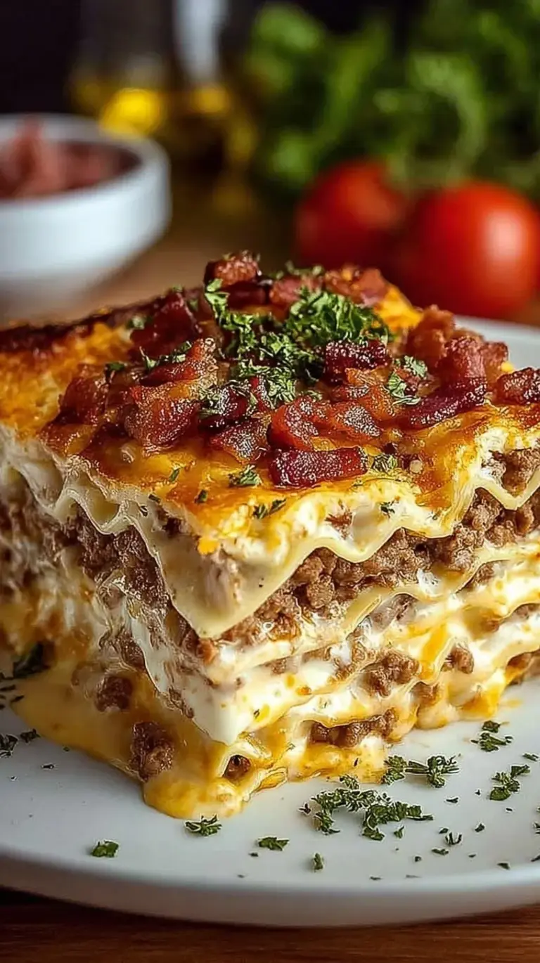 A close-up of a sliced cheeseburger lasagna showing layers of beef, bacon, and melted cheese.