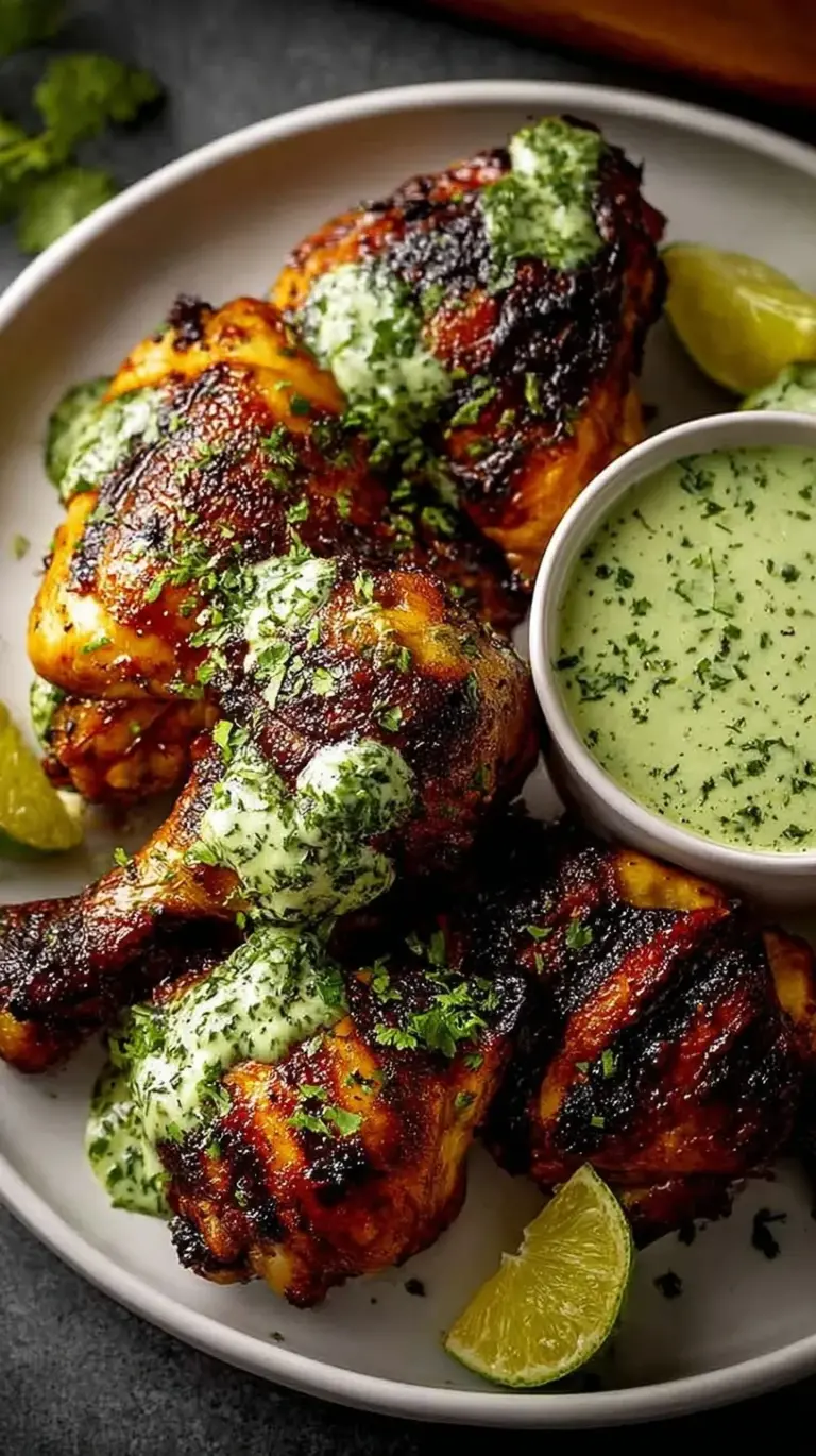 Golden roasted spatchcocked chicken served with a vibrant green cilantro sauce on a platter.
