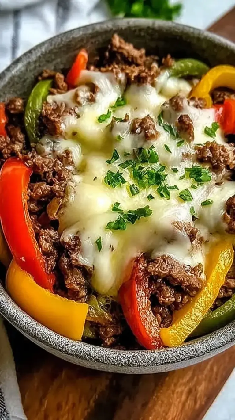 A cast iron skillet filled with sliced ribeye, melted provolone cheese, and sautéed green peppers and onions.