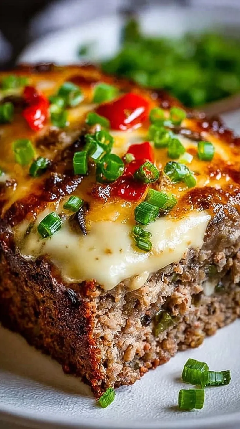 A sliced Philly cheesesteak meatloaf showing a melted provolone cheese center and green bell peppers.