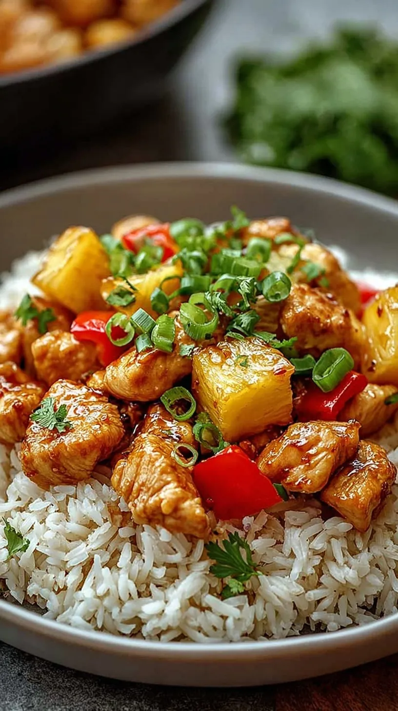 A vibrant bowl of Pineapple Chicken and Rice garnished with green onions