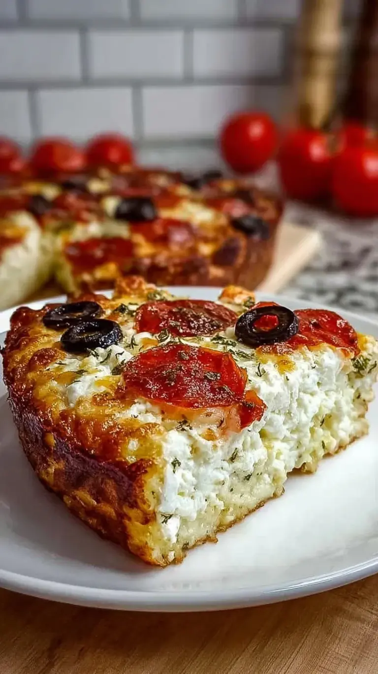 A golden brown pizza style cottage cheese bake with melted mozzarella and mini pepperoni in a square baking dish.