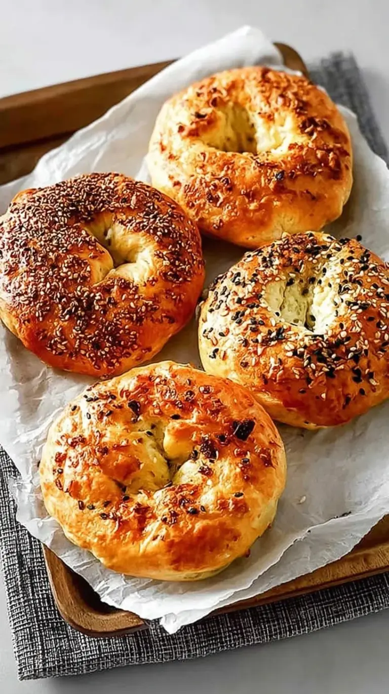 Four golden brown protein bagels topped with everything seasoning in an air fryer basket.