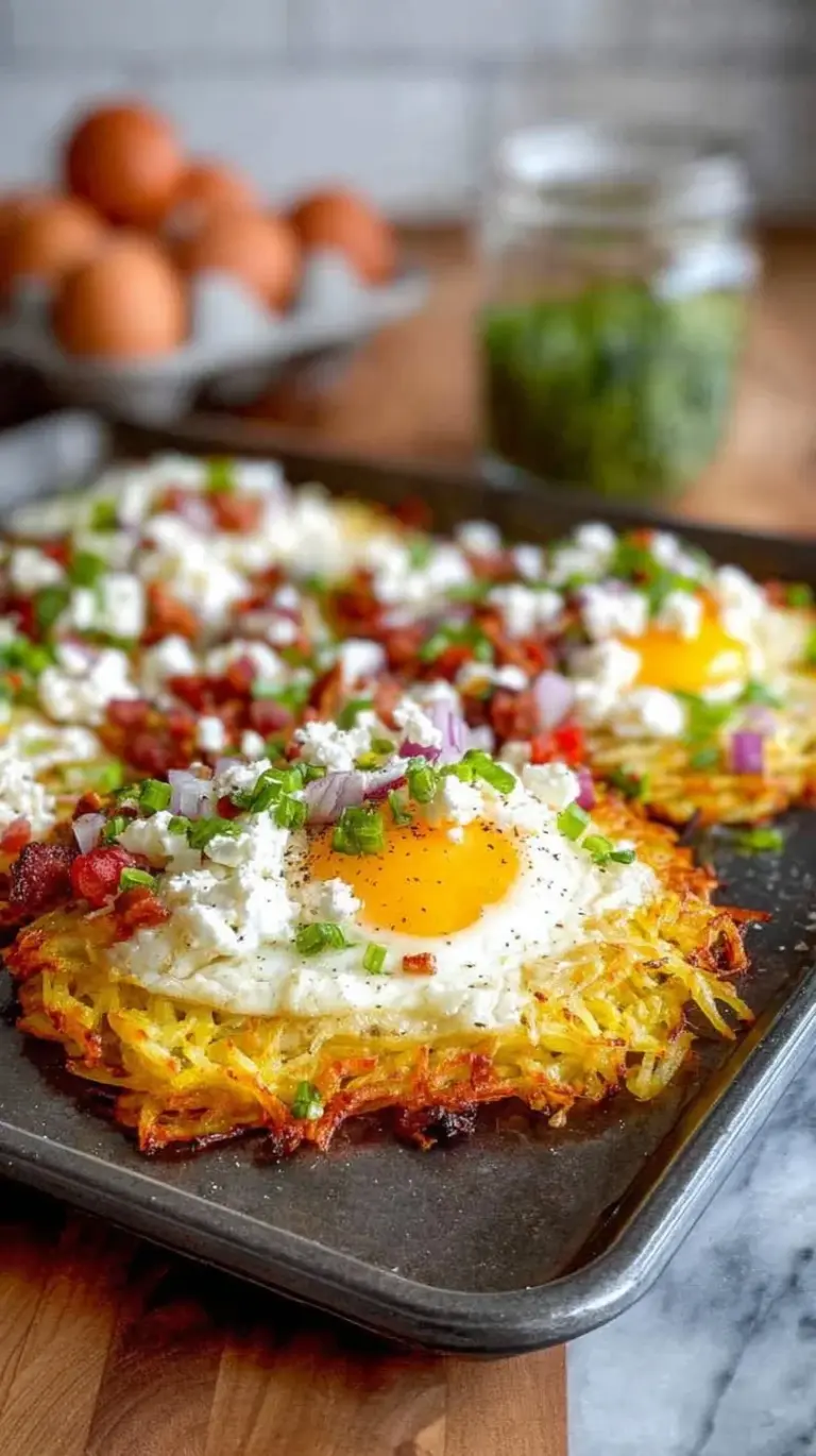 A colorful skillet filled with crispy hash browns, turkey sausage, melted cheese, and green chives.