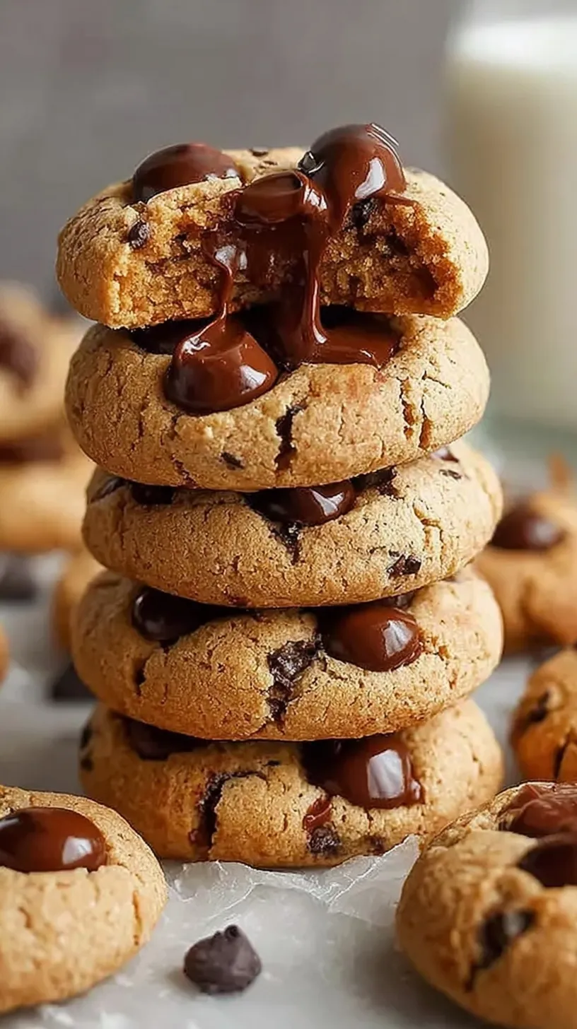 A stack of soft protein greek yogurt cookies with mini chocolate chips on a cooling rack.