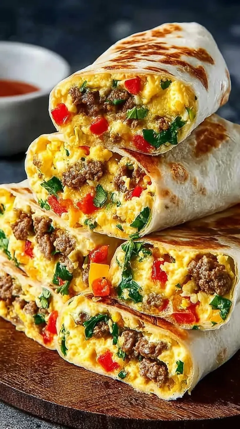 A stack of golden, hand-rolled breakfast burritos filled with eggs, sausage, and black beans on a clean kitchen counter.