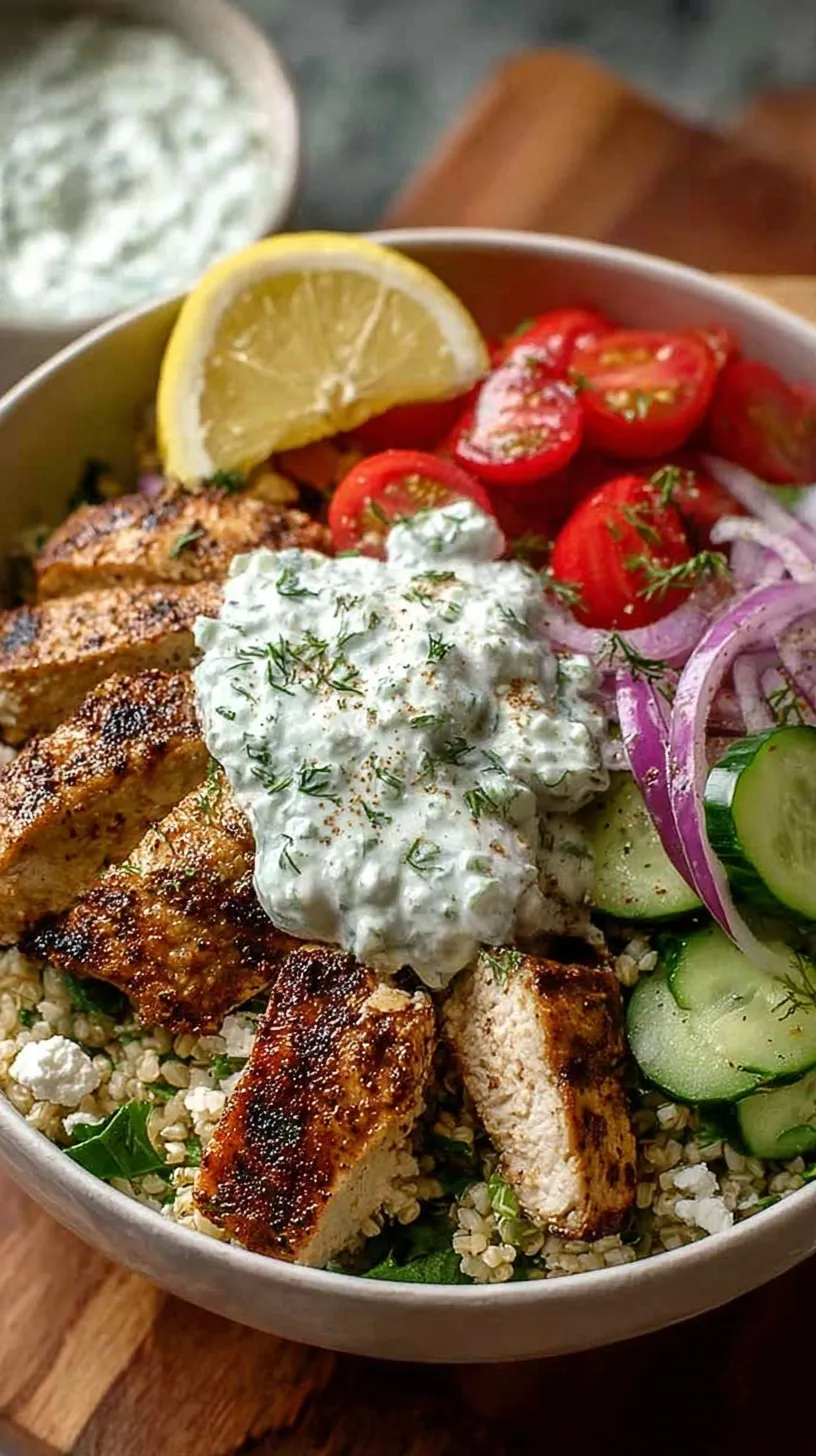 A colorful Greek chicken power bowl with quinoa, cherry tomatoes, cucumbers, olives, and a dollop of creamy tzatziki sauce.