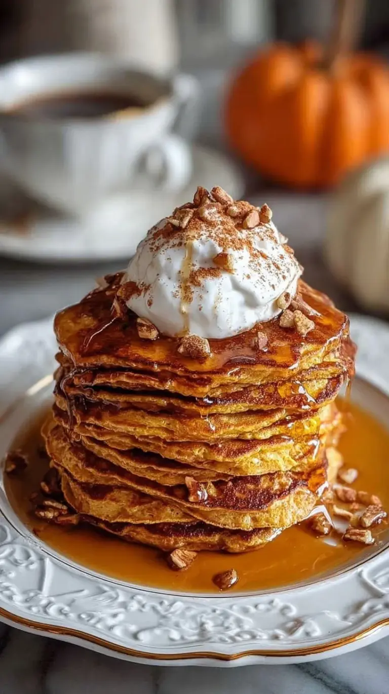 A stack of golden brown pumpkin spice cottage cheese pancakes topped with maple syrup on a white plate.