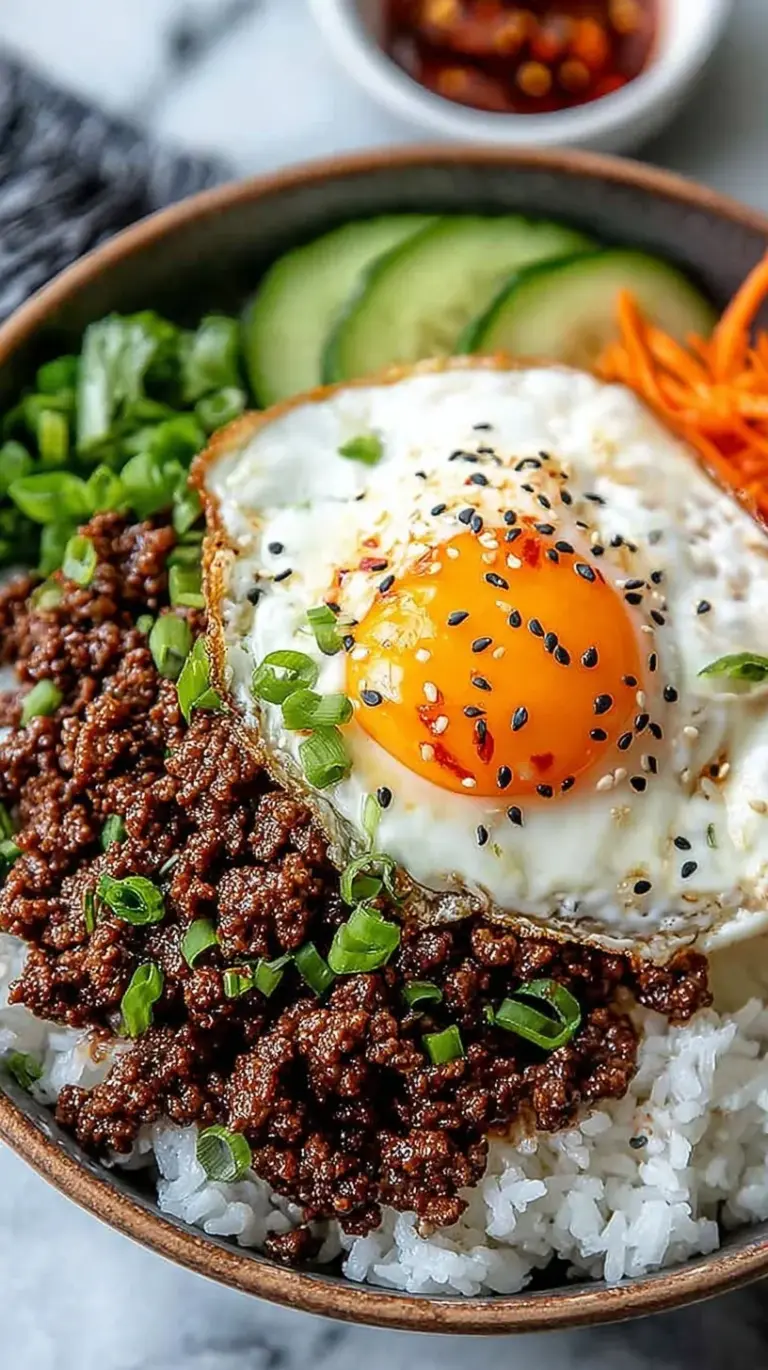 A vibrant Korean ground beef bowl with green onions and sesame seeds over white rice