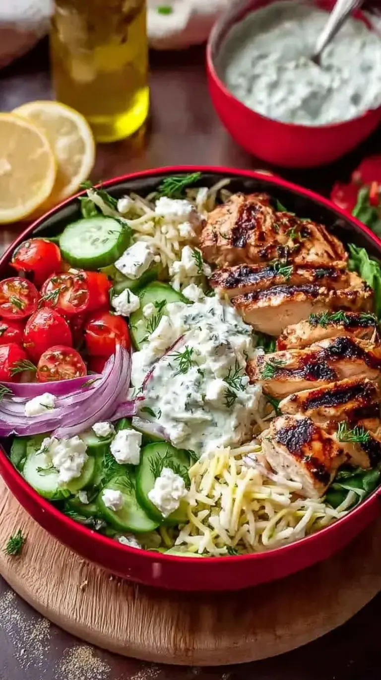 Four colorful Greek chicken bowls with grilled chicken, quinoa, cucumber salad, and tzatziki sauce.