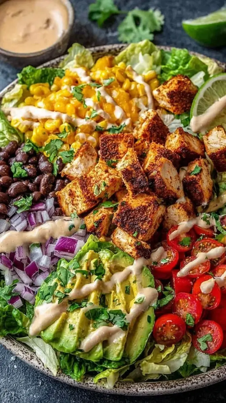 A vibrant bowl of Spicy Southwest Salad with avocado, corn, black beans, and tortilla strips.