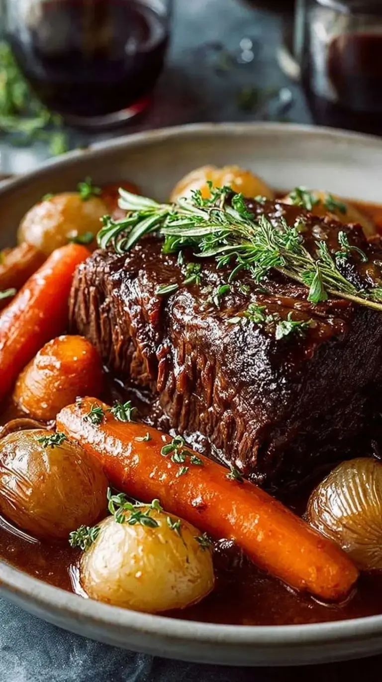 A succulent beef chuck roast braised in red wine with carrots and onions in a Dutch oven.