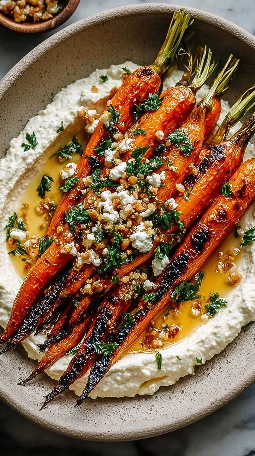 Golden roasted carrots arranged over a bed of creamy whipped ricotta with honey drizzle