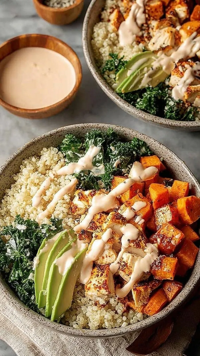 Four glass meal prep containers filled with roasted chicken cubes, orange sweet potatoes, massaged kale, and brown rice.