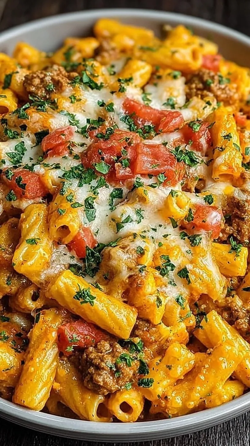 A large skillet filled with creamy rotini pasta, ground beef, and melted cheddar cheese.