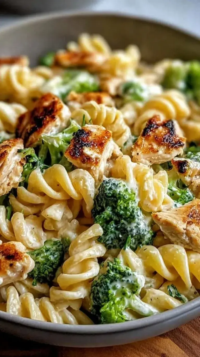 A bowl of penne pasta with shredded rotisserie chicken, bright green broccoli, and dusted with parmesan cheese.