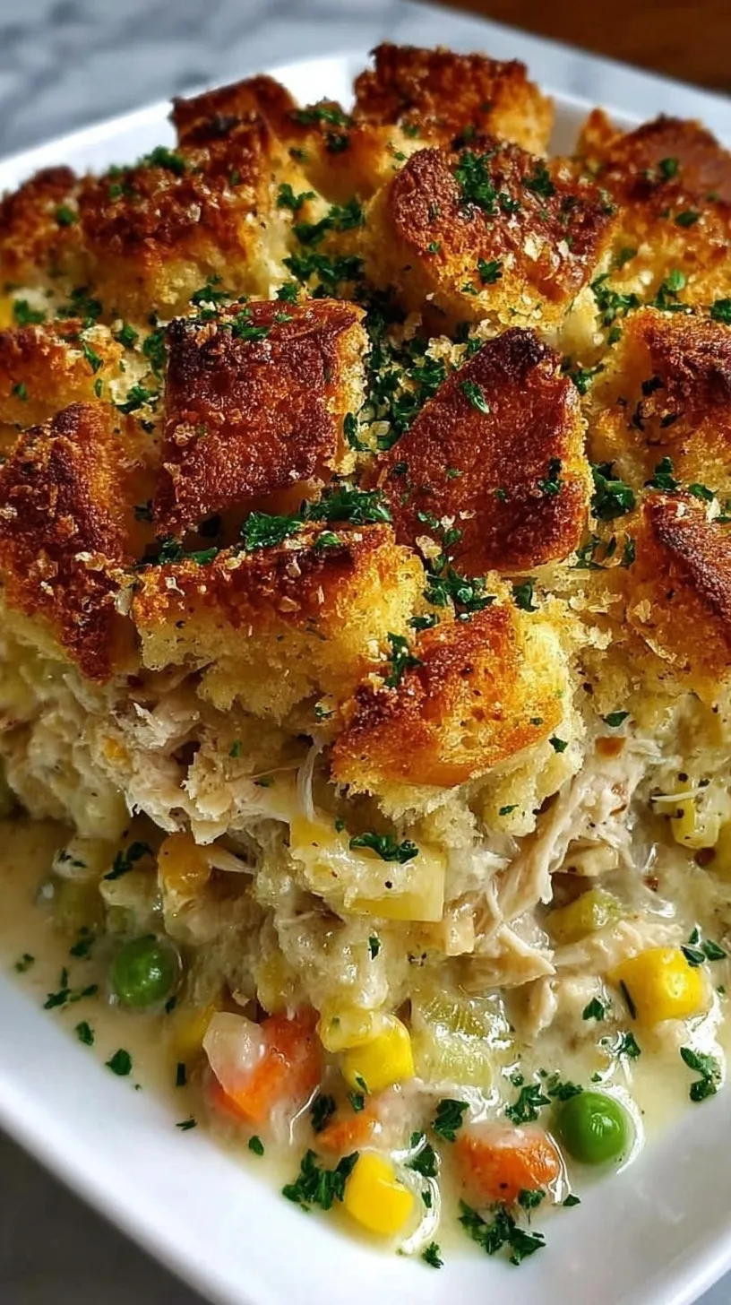 A golden brown rotisserie chicken stuffing casserole in a white baking dish