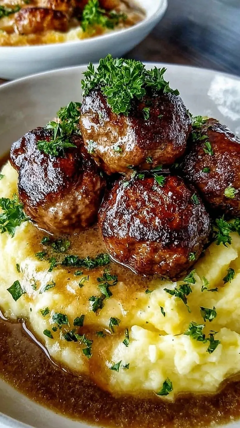 Golden brown Salisbury Steak Meatballs smothered in mushroom gravy over creamy mashed potatoes