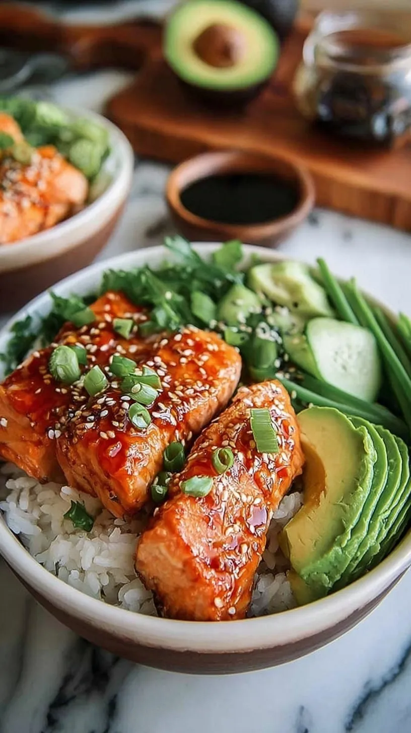 A colorful salmon rice bowl with sliced avocado, cucumber, and spicy mayo drizzle.