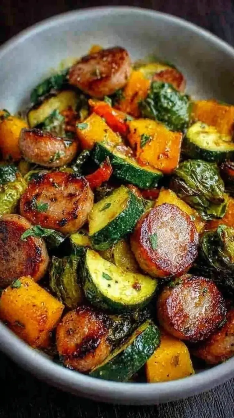 A vibrant skillet filled with browned smoked sausage, green and red bell peppers, zucchini, and red onions.