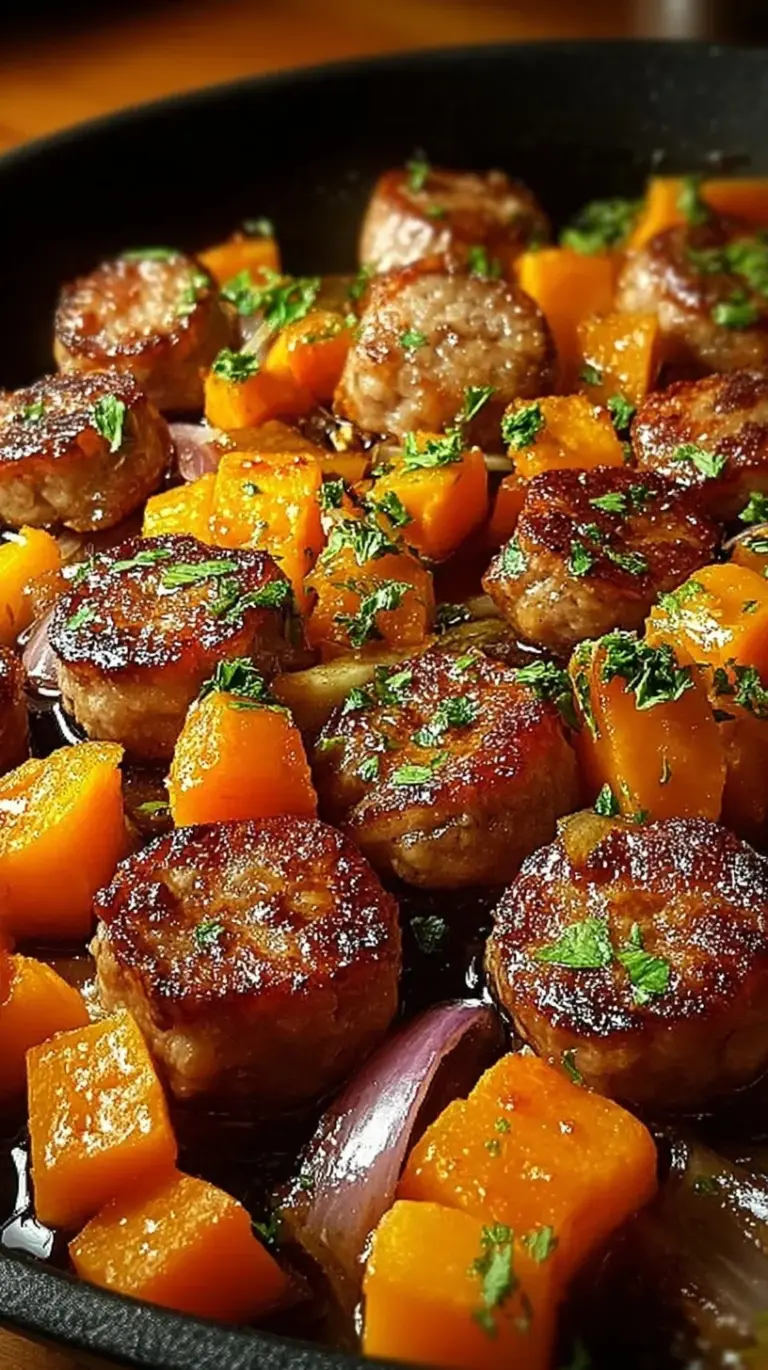 A sheet pan filled with roasted smoked sausage rounds and caramelized sweet potato cubes in a honey garlic sauce.